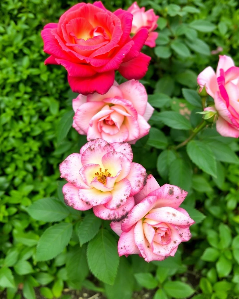 Healthy and diseased roses in a garden setting.