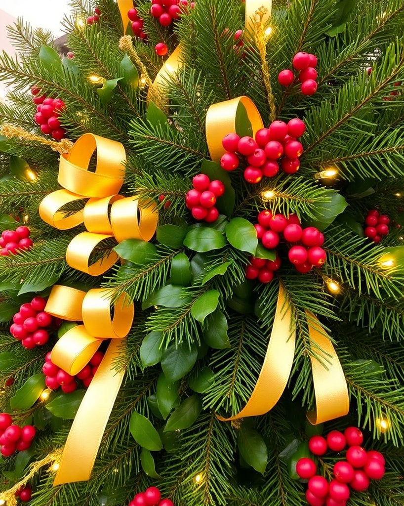 Festive Christmas foliage with pine, holly, and berries.