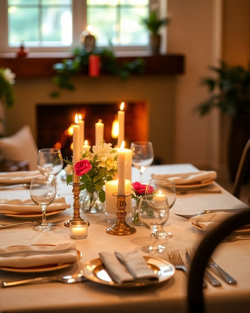 Candlelit dining table with flowers in a cozy setting.