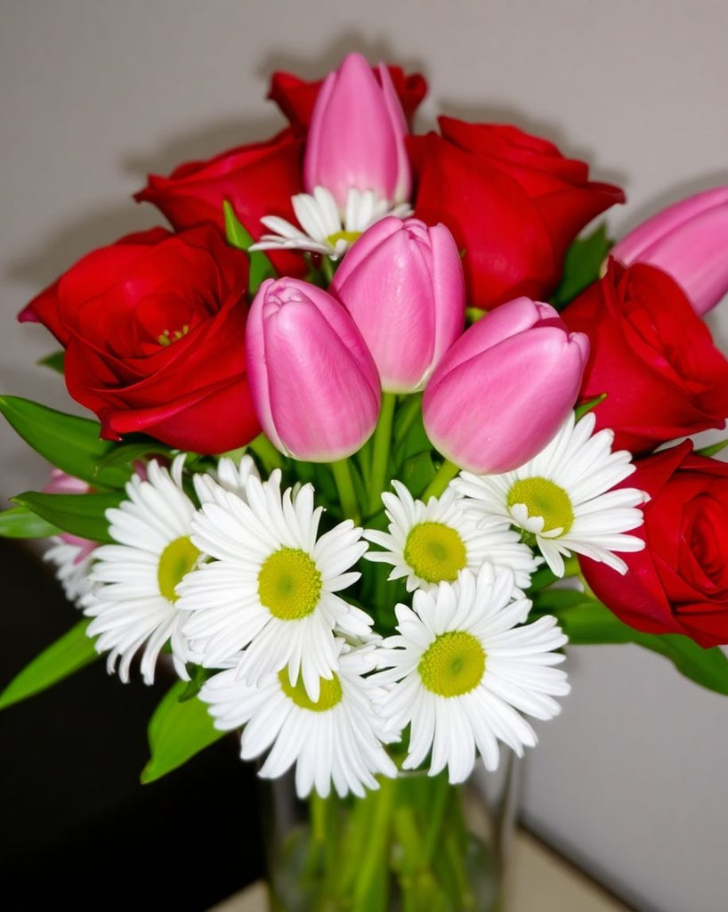 Colourful flowers including roses and tulips in a vase.