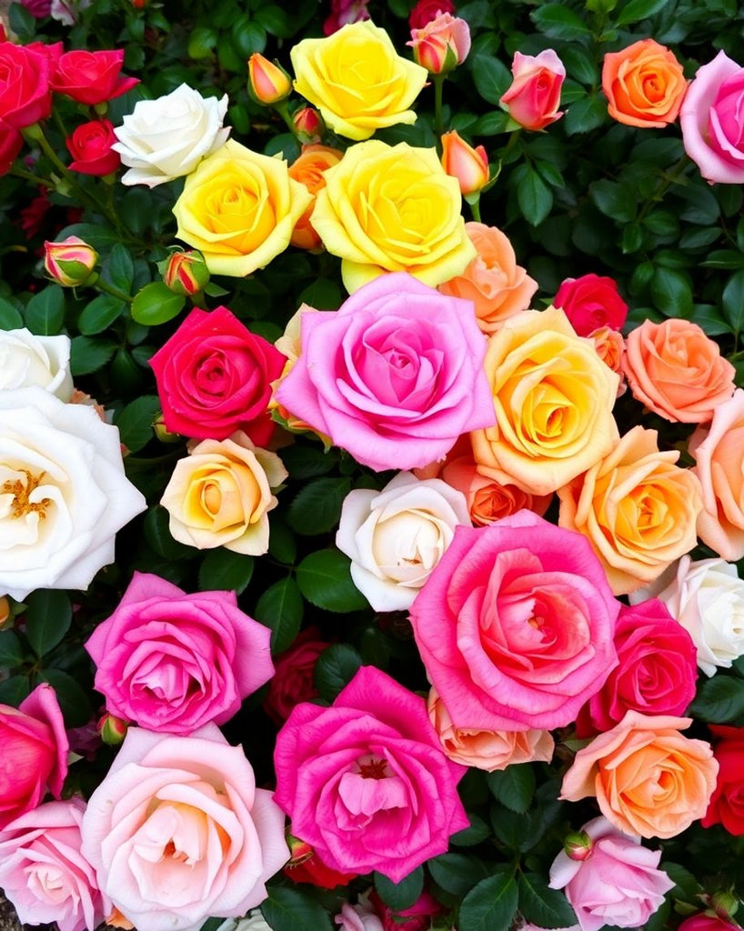 Colourful roses in bloom, displaying various shapes and hues.