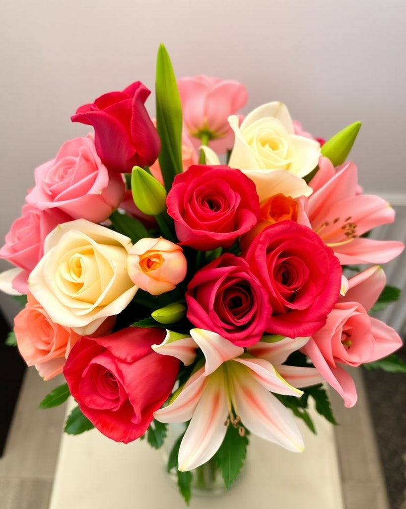 A bouquet of ten romantic flowers in various colours.