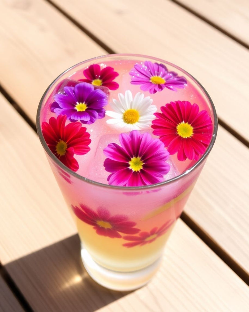 Ice cubes with flowers in a refreshing drink.