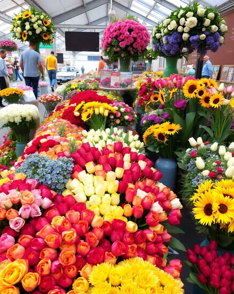 Vibrant flower market filled with colourful blooms.