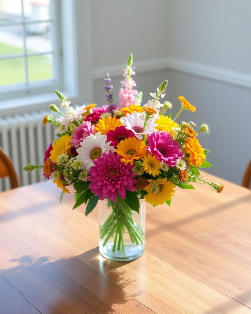 Floral centrepiece with assorted flowers in a vase.