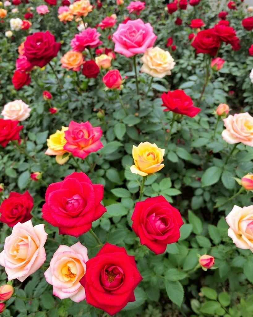 A variety of colourful roses in a lush garden.