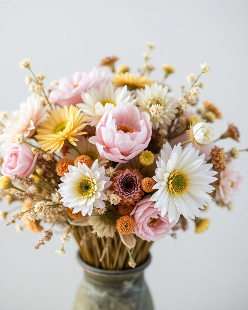 Bouquet of dried flowers in a rustic vase.