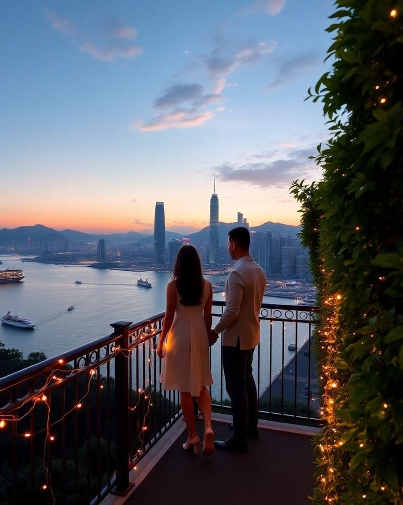 Couple holding hands with city skyline at sunset.