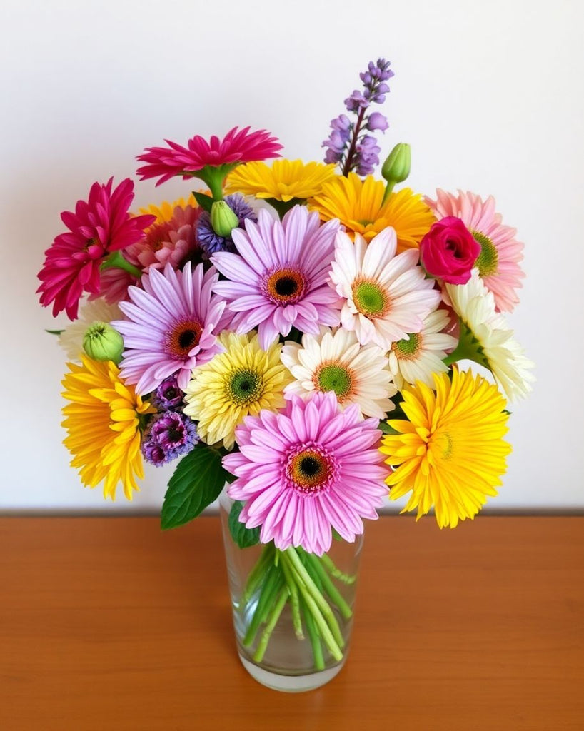 Vibrant flower bouquet in a clear vase on a table.