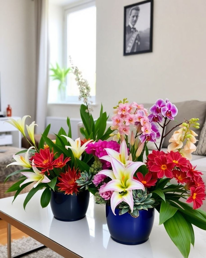 Colourful indoor flowers in a bright apartment setting.