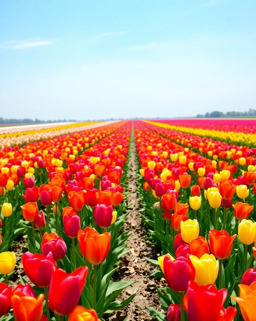 Colourful tulip fields in springtime bloom.