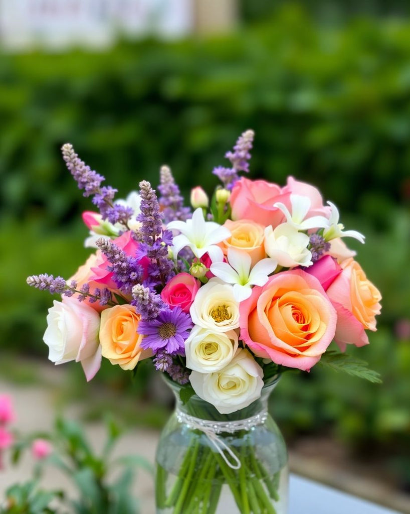 Colourful flowers in a glass vase on a table.