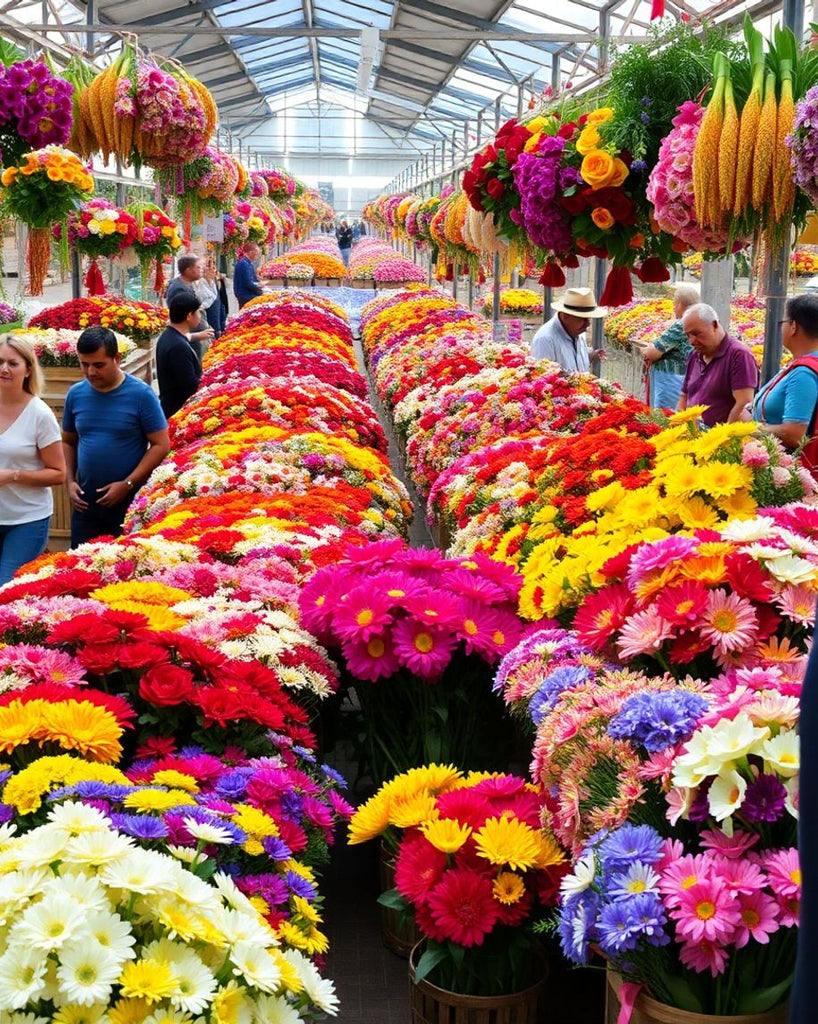 A vibrant flower market with colourful blooms and stalls.