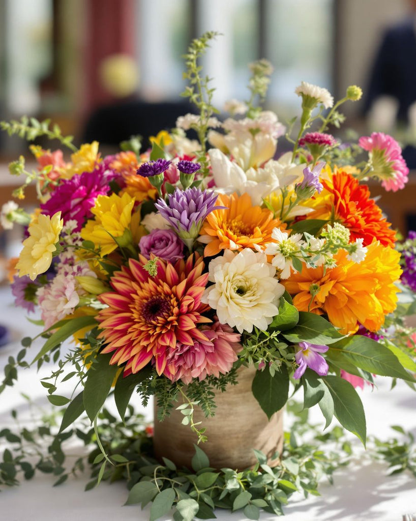 A floral centrepiece with assorted fresh flowers.