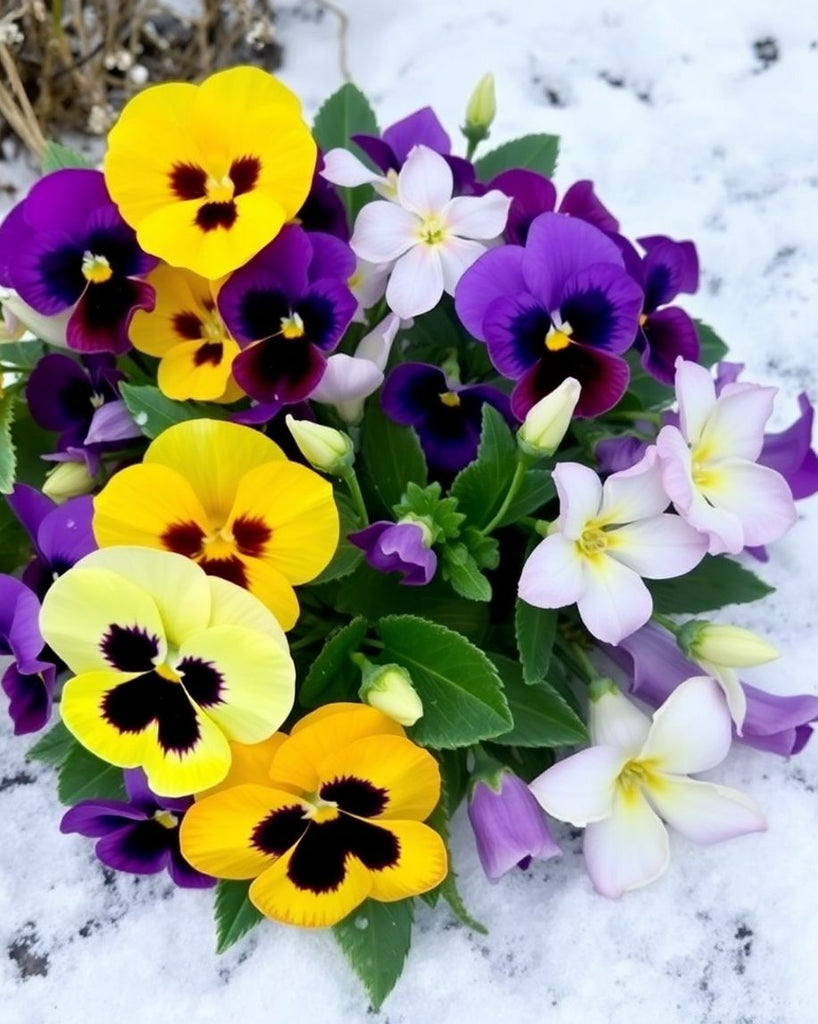 Colourful winter flowers in a snowy setting.