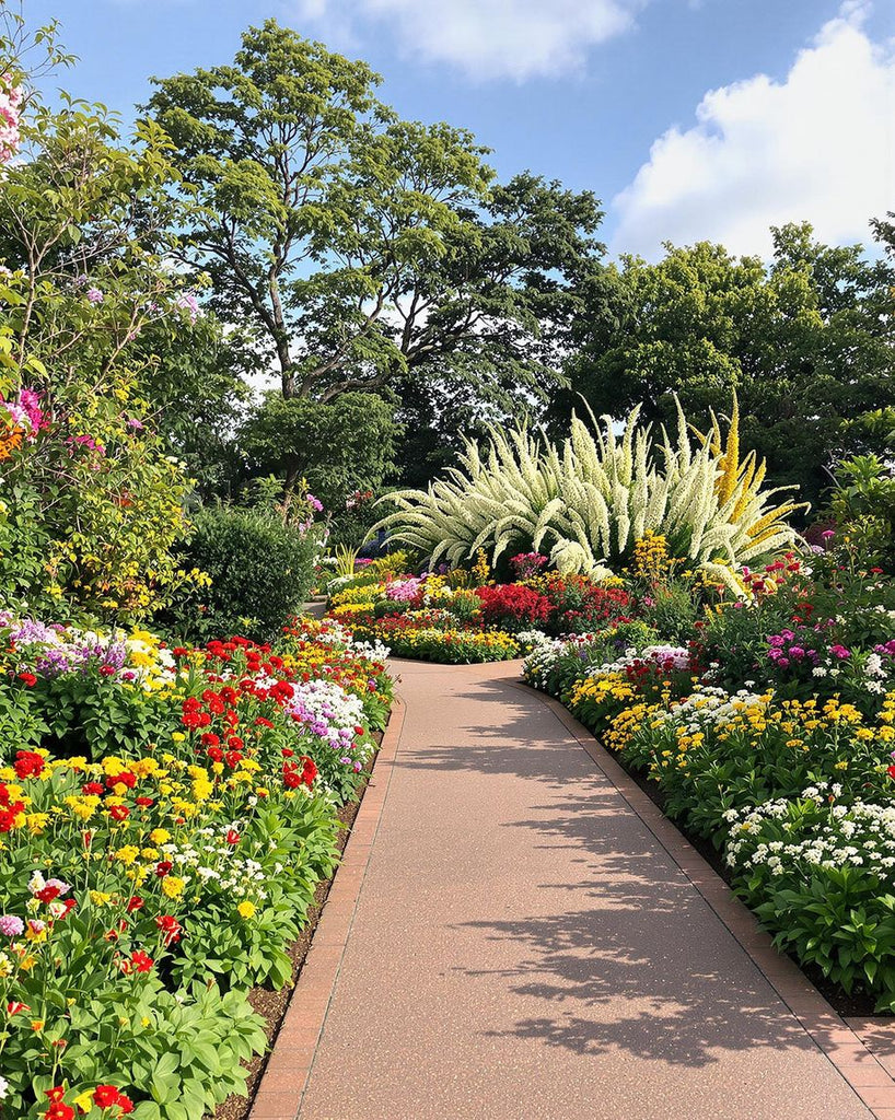 Colourful flowers and greenery in a botanical garden.