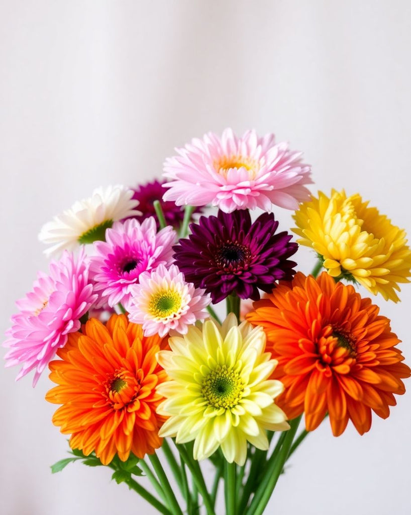 Seven blooming flowers in a vibrant, colourful arrangement.