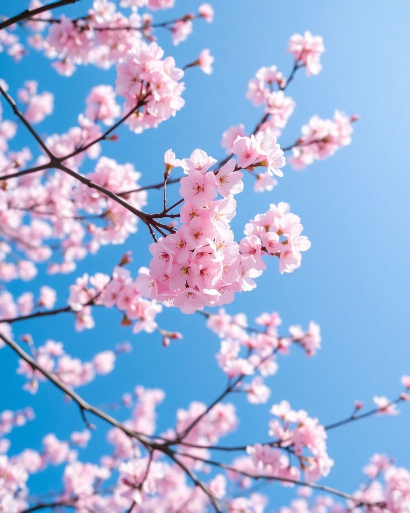 Pink cherry blossoms against a blue sky in Japan.