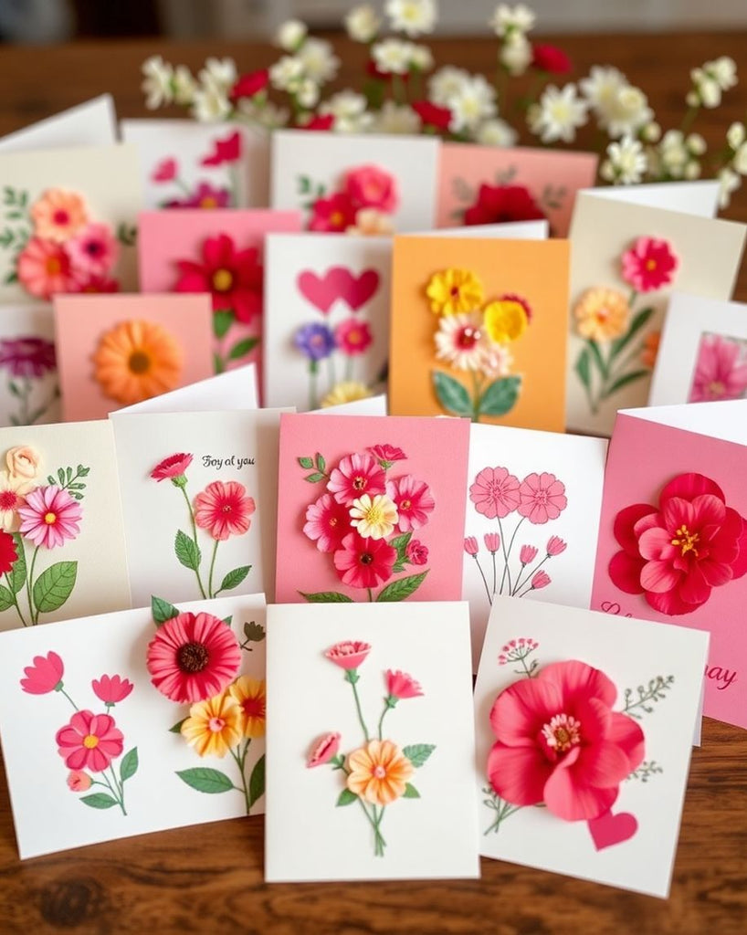 Colourful handmade flower cards on a wooden table.